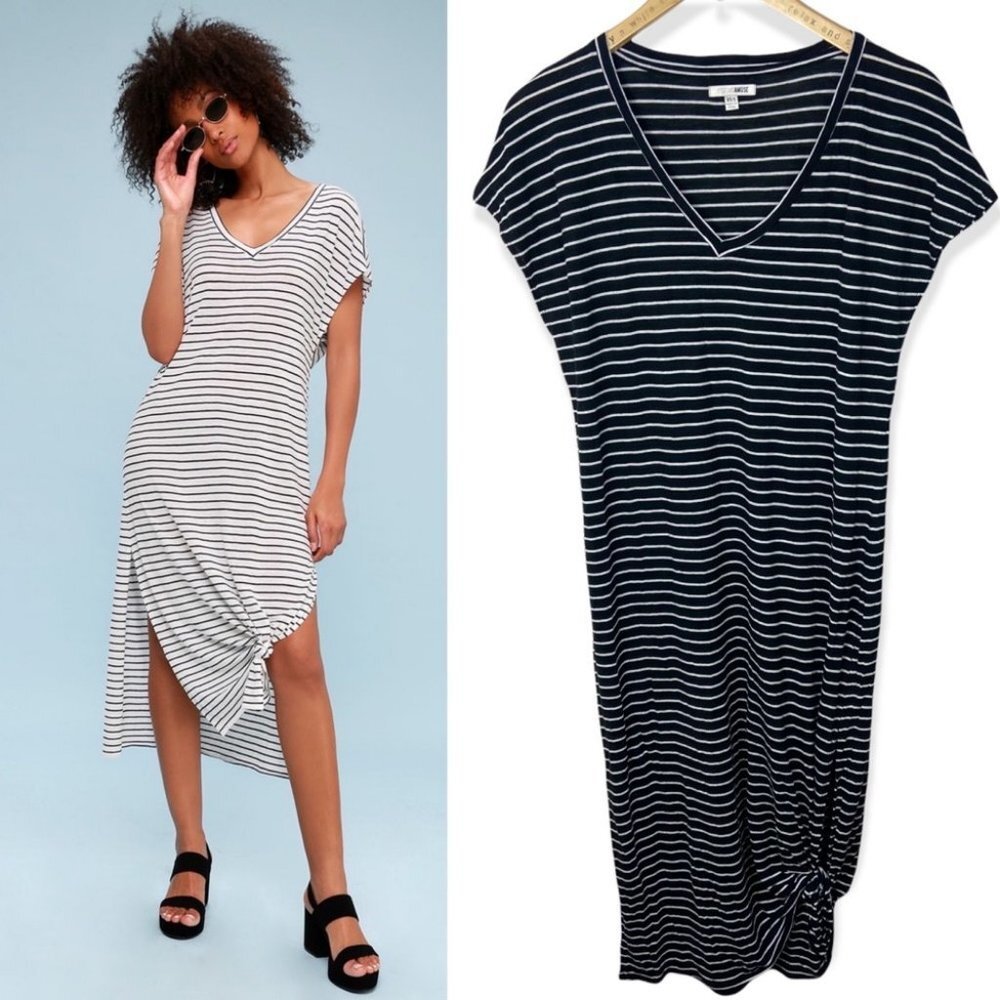 Revolve Amuse Society Basic Beach‎ Black White Striped Knotted Midi Dress Boho S